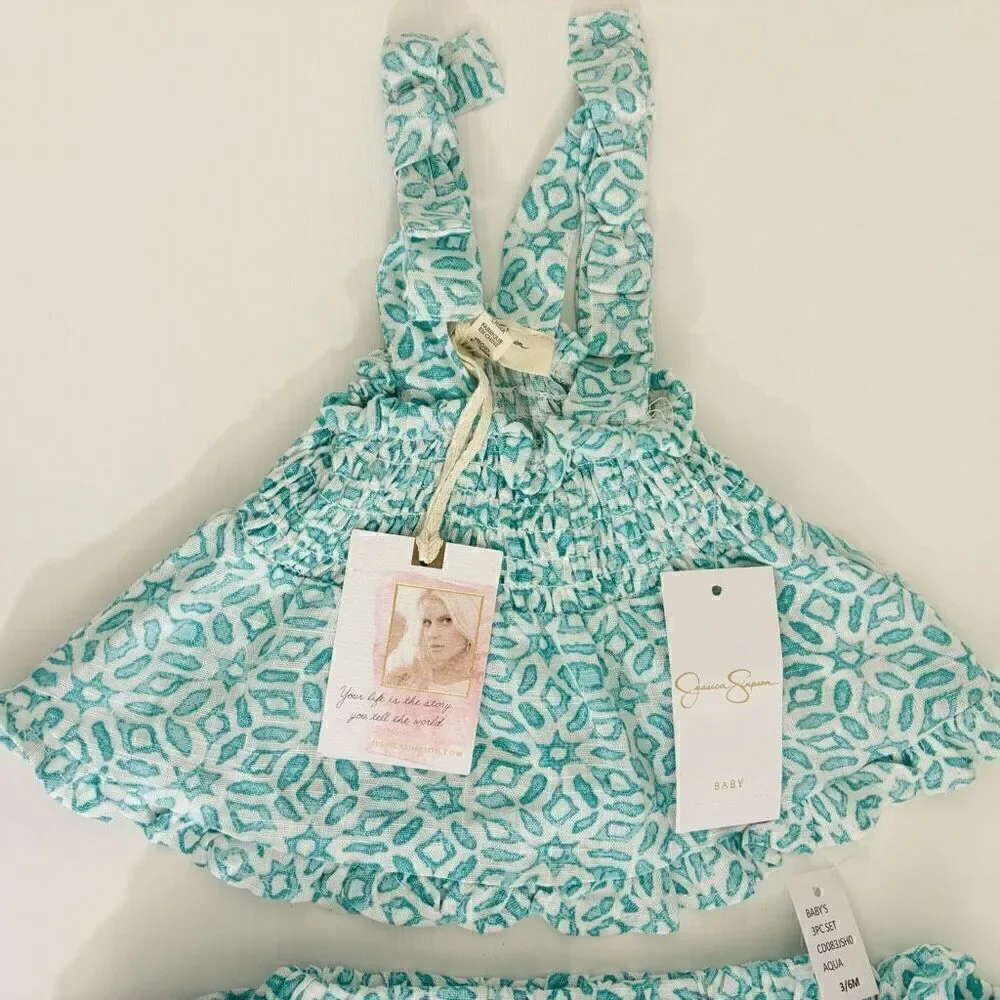 Jessica Simpson Baby Girls 2 Pc Summer Shorts aqua white Set size 3/6 months new